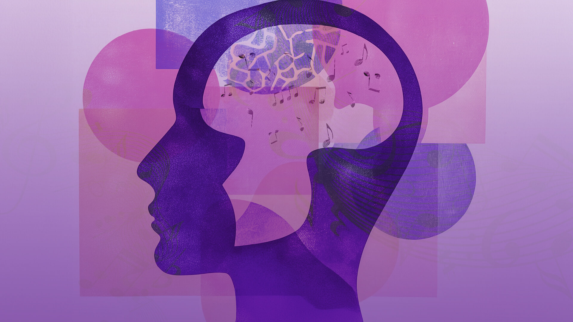A purple hued side profile of head with music notes swirling in the space where a brain would be. The phrase 'Wanting Memories' lays atop the head.